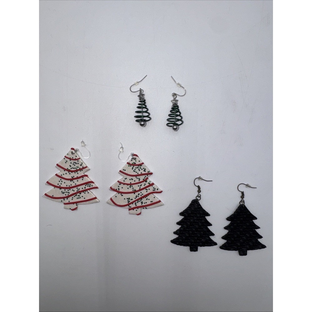3 Pair Dangle Pierced Earrings Handmade Leather Clay Metal Christmas Tree